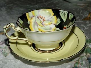 Vintage Paragon Black with Yellow Flowers & Yellow Band Footed Tea Cup & Saucer 7