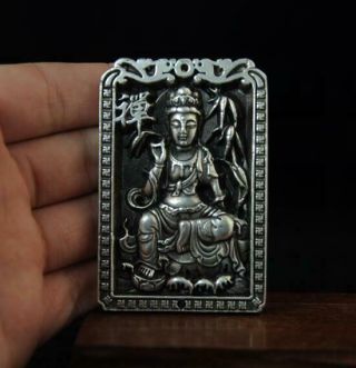 Chinese Old Cooper - Plating Silver Guanyin And Bamboo Statue Pendant A01