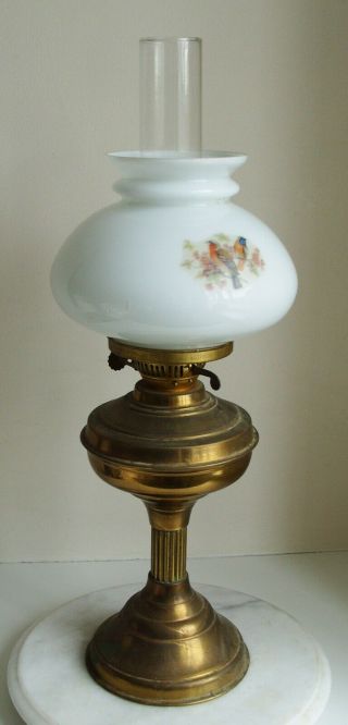 Antique Brass Oil Lamp With Bird Design Glass Shade And Chimney 55cm Tall