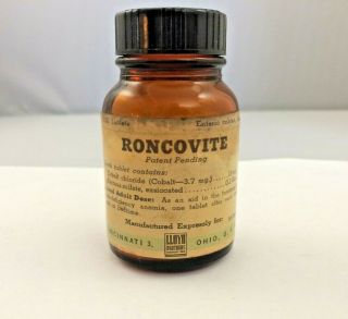 Antique 1920 ' S Lloyd Brothers Roncovite Pat Pending Amber Medicine Bottle 2