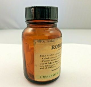 Antique 1920 ' S Lloyd Brothers Roncovite Pat Pending Amber Medicine Bottle 5