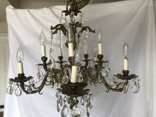 Antiques Vintage Bronze Chandelier Crystal 5 Arm 10 Light 24 X24 Made In Spain