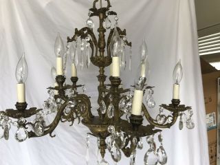 ANTIQUES VINTAGE BRONZE CHANDELIER CRYSTAL 5 ARM 10 Light 24 X24 Made In Spain 3