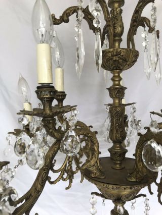 ANTIQUES VINTAGE BRONZE CHANDELIER CRYSTAL 5 ARM 10 Light 24 X24 Made In Spain 4