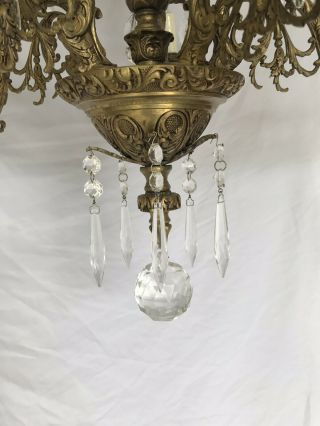 ANTIQUES VINTAGE BRONZE CHANDELIER CRYSTAL 5 ARM 10 Light 24 X24 Made In Spain 5