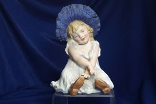 Antique Piano Baby Gebruder Heubach Blue Sunbonnet Flower Girl Bisque Figurine