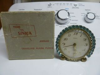 Vintage Semca 7 Jewels Swiss Alarm Clock With Lt Blue Rhinestones Cond.