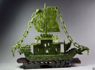 Chinese 100 Natural Jade Hand Carved Dragon Incense Statue Dragon Ship