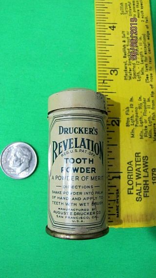 Vintage Sample Medicine Tin Drucker ' s Revelation Tooth Powder San Francisco CA. 2