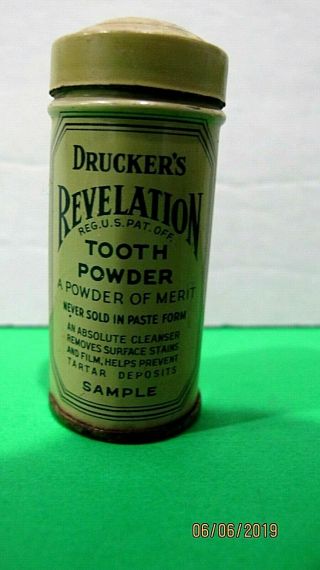 Vintage Sample Medicine Tin Drucker ' s Revelation Tooth Powder San Francisco CA. 3