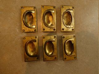 Set Of 6 Antique Solid Brass Flush Chest Handles,  Military Style.  3.  5 Inch