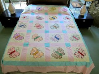 Vintage Feed Sack Hand Sewn Butterfly Quilt Top 20 Different Appliques 90 " X 76 "