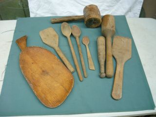 Primitve Wooden Kitchen Impliments Mashers,  Spoons,  Butter Pats And Old Wood Tray