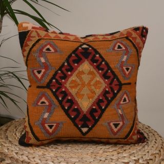 Handmade Orange Turkish Vintage Geometric Kilim Pillow Cushion,  15.  75x15.  75 Inc