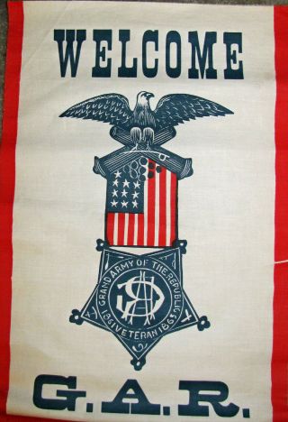 Civil War Veteran G.  A.  R.  Reunion Flag R/w/b Huge Gar Emblem Late 19th Century