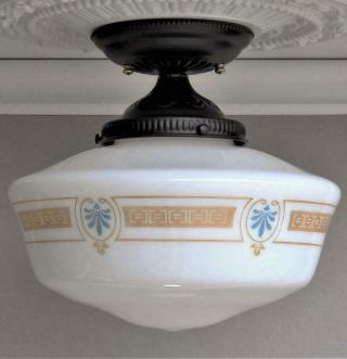 Antique Art Deco Schoolhouse Ceiling Light,  Stenciled Acanthus Opal Glass Shade