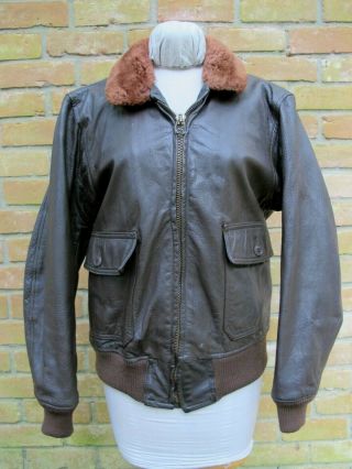 Vintage Vietnam Era ? Red Mouton Collar Us Navy G - 1 Bomber Leather Jacket; Good