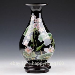 Exquisite Chinese Hand - Painted Lotus Flowers Black Porcelain Vase C02