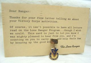 1942 Lone Ranger Victory Corps Post Card & Brass Tab Kix Cereal Premium