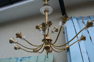 Large Antique French Brass & Glass 14 Arm Chandelier 1920 