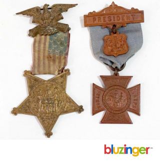 (2) Gar Civil War Ribbon Pins 1861 - 1866 Veterans,  President Womans Relief Corps