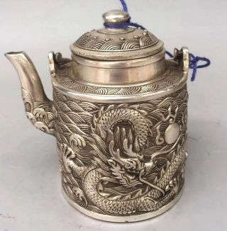 Collectable Handwork Old Miao Silver Carve Mighty Dragon Play Bead Lucky Tea Pot