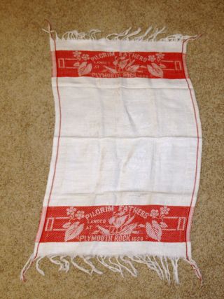 Antique Pilgrim Fathers Plymouth Rock Mayflower Turkey Red Embroidered Towel