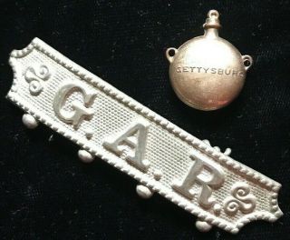 Gar Grand Army Of The Republic Ribbon Bar Pin & Gettysburg Canteen Pendant