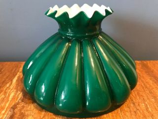 Vintage Oil Lamp Green/white Glass Fluted Shade Small Vgc