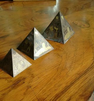 Antique Art Deco Egyptian Revival Pyramids Decorative Engraved Paperweight Set