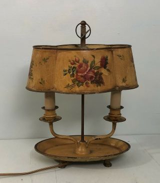 Vintage French Tole Bouillotte Lamp With Golden Yellow Antique Roses