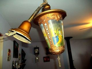 Hanging Lite Fixture With Reverse Painted Panels - Antique Hanging Hall Ligtht