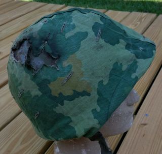 ALL U.  S.  M1 HELMET LINER AND EARLY TWILL MITCHELL CAMO COVER POOR COND. 3