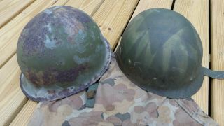 ALL U.  S.  M1 HELMET LINER AND EARLY TWILL MITCHELL CAMO COVER POOR COND. 6