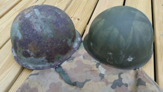 ALL U.  S.  M1 HELMET LINER AND EARLY TWILL MITCHELL CAMO COVER POOR COND. 7
