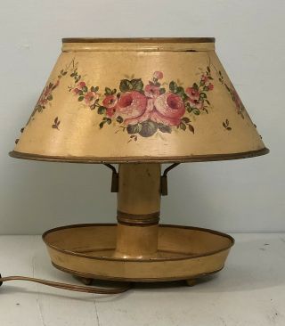 Vintage French Tole Metal Bouillotte Lamp With Pink Roses