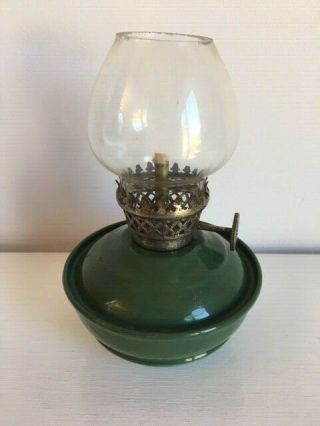 Vintage Green Enamel Kelly / Nursery Lamp With Clear Shade And Weighted Base
