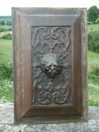 GOTHIC OAK CARVED PANEL WITH GROTESQUE LION MAN TO CENTRE C.  1700 ' s (2) 7