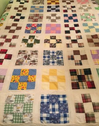Vintage 2 " Postage Stamp 9 Patch Pattern Quilt Top 88x80 Scrappy Farmhouse