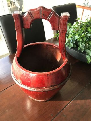 Rare 19th Century Antique Red Lacquer Wooden Chinese Rice Container Barrel / Box