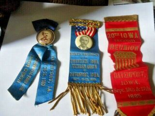 Antique 20th Iowa Veteran Association Reunion Ribbons 1885,  1898,  1902