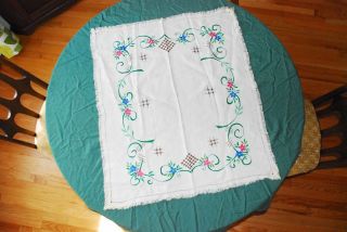 Vintage Linen Floral Embroidered Small Tablecloth Table Cover - 27 " X 32 "
