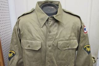 Vietnam Era US Khaki Chino Cotton Uniform Shirt Long Sleeve Spec 5 Patch BIG Sz 2