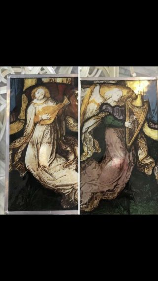 Antique stained glass panels Angels and Instruments Set 5