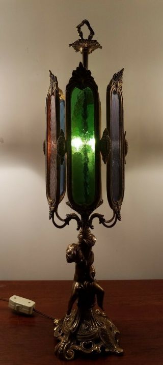 Cherub Vintage Lamp Antique Bronze Colored Glass Panels.