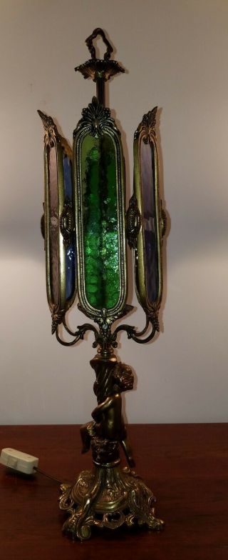 Cherub Vintage Lamp Antique Bronze Colored Glass Panels. 2