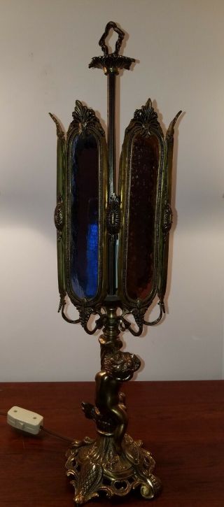 Cherub Vintage Lamp Antique Bronze Colored Glass Panels. 4
