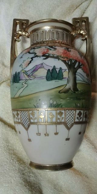 Vintage Double Handle Nippon Vase Hand Painted Meadow Scene With Gold Trim