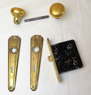 Antique Hardware Set Brass Door Knobs Art Deco Backplate Mortise Lock 2