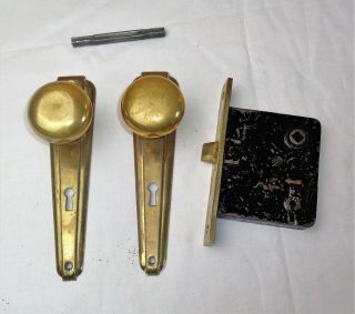 Antique Hardware Set Brass Door Knobs Art Deco Backplate Mortise Lock 3